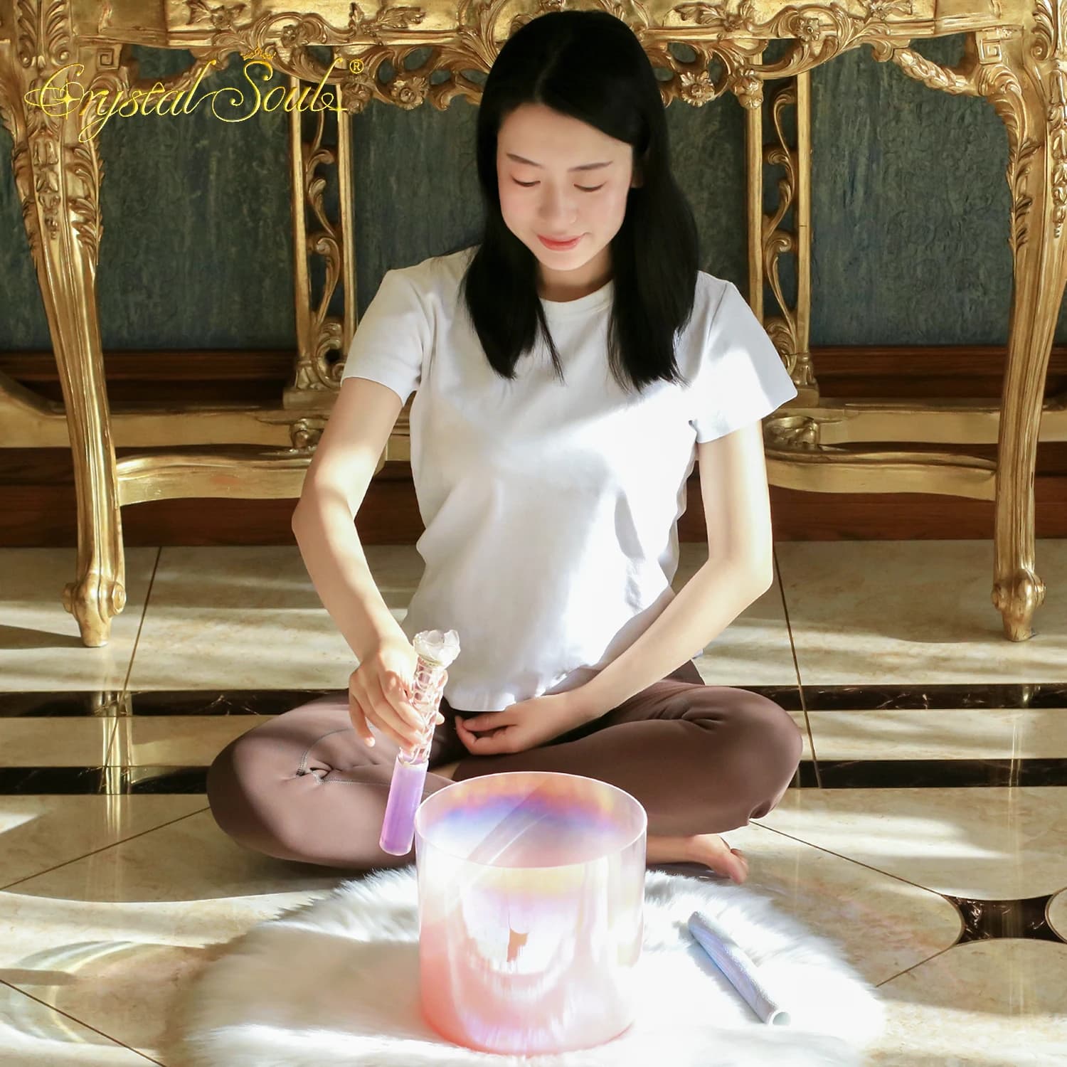 Crystal Soul Gradient Aurora Pink Crystal Singing Bowl for Seven Chakra Meditation Instrument