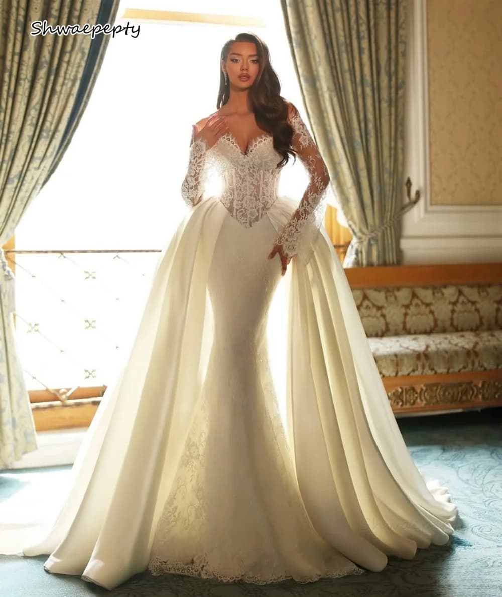 Abito da sposa a sirena in pizzo di lusso con strascico staccabile maniche lunghe rimovibili corsetto a cuore abiti da sposa lunghi personalizzati