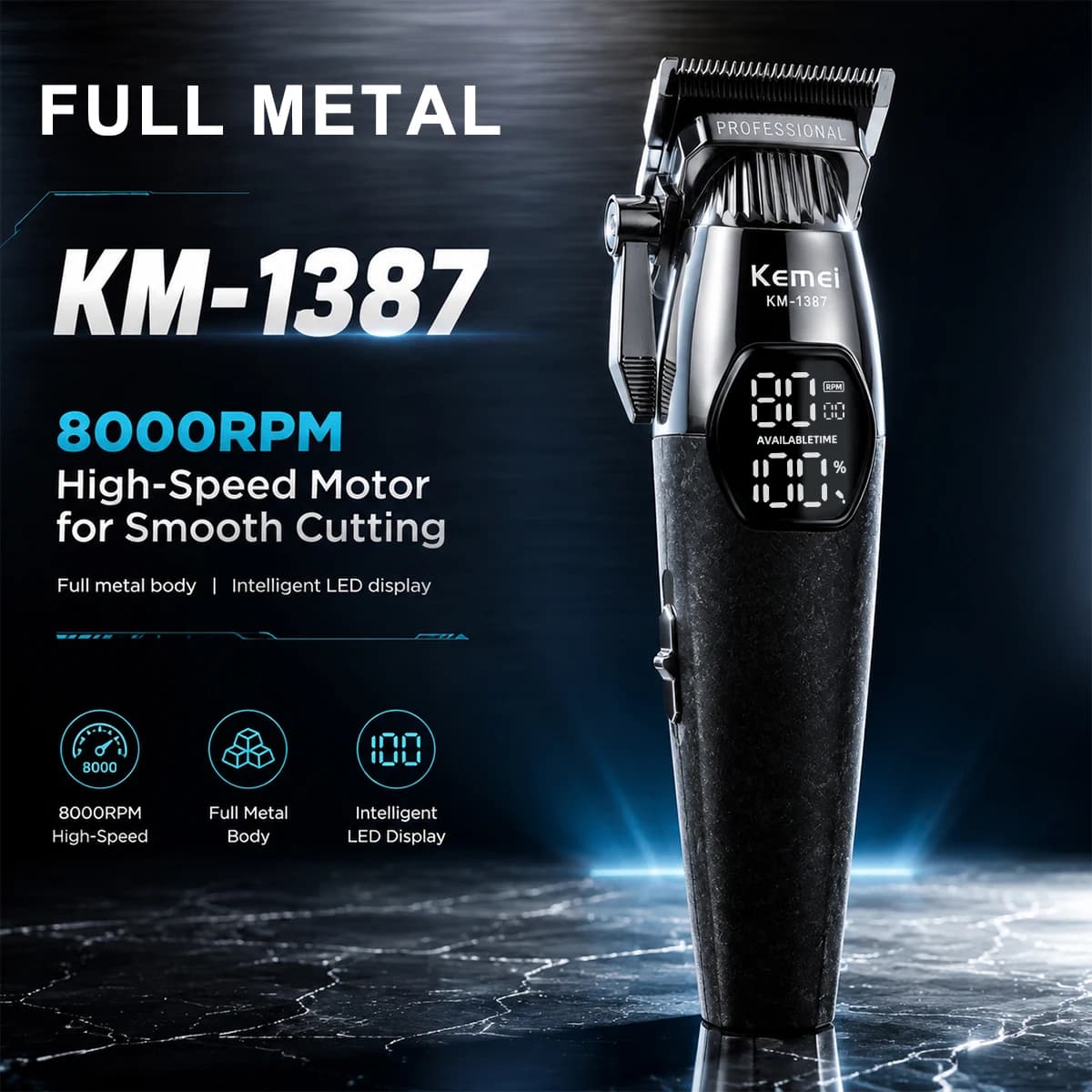 Kemei KM-1387 Tagliacapelli Elettrico da Uomo 8000RPM Lama DLC Display LED Completamente in Metallo 2000mAh Senza Fili Professionale per Barbieri