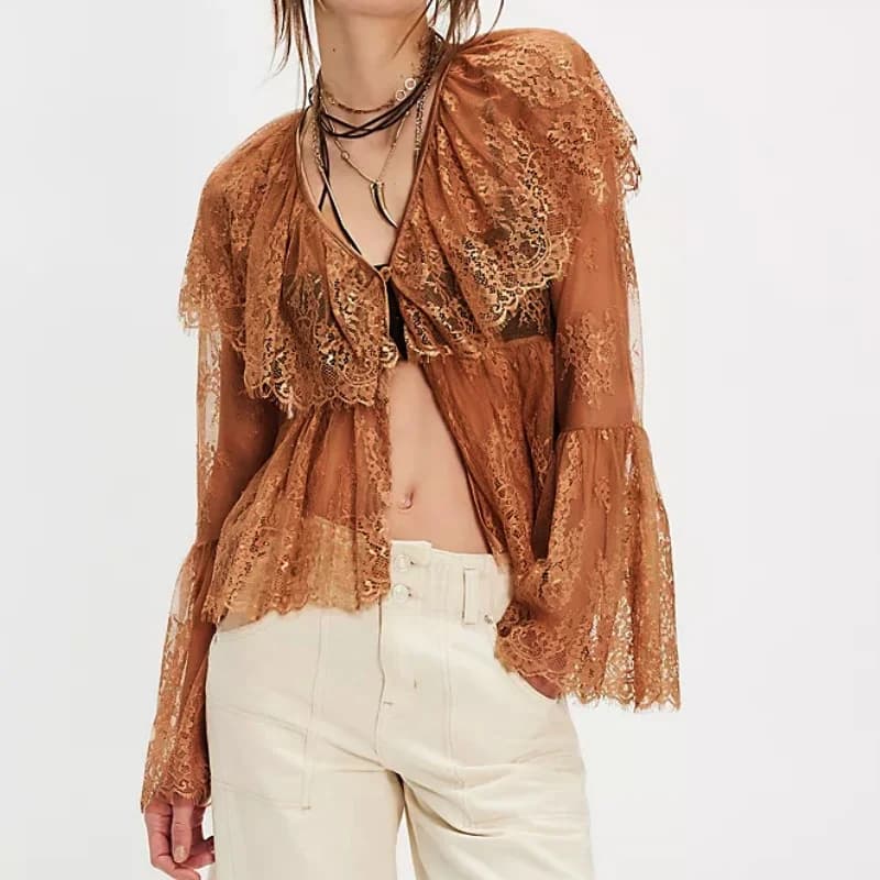 Top peplo a maniche lunghe in pizzo con fiocco fluido e allacciatura sul davanti Camicia babydoll Y2k Coquette con volant Camicetta trasparente per uscire Top da donna