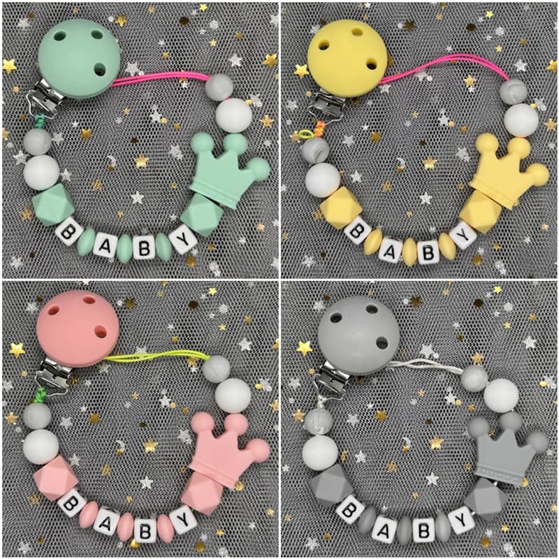 Nome personalizzato Clip per ciuccio in silicone per bambini Nome personalizzato Catene per ciuccio colorate Dentizione Regalo manichino per abbaco in silicone senza BPA
