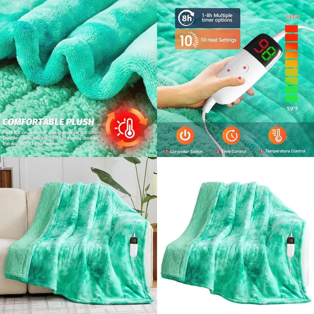 Coperta elettrica Sherpa in pelliccia sintetica color acqua, 5 timer e 10 impostazioni di calore, divano letto 62x84