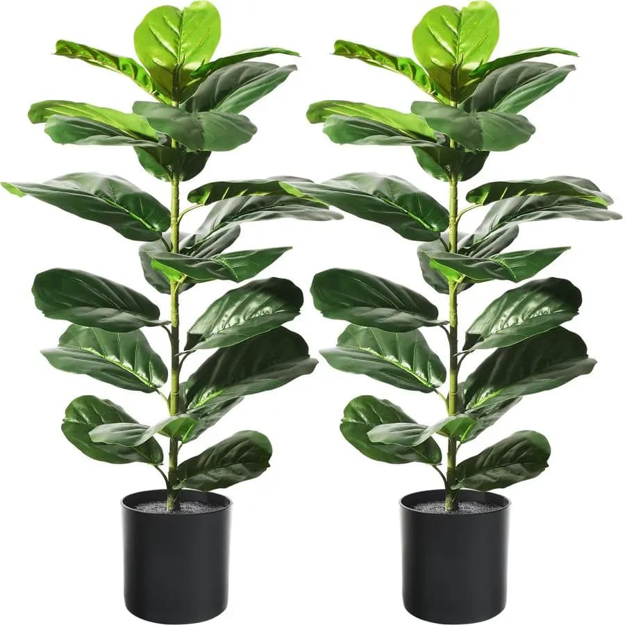 Set of 2 Artificial Plants by Ficus Lyrata, 30 cm, with Vases, Floor Plans for Interior and Exterior, for Living Room