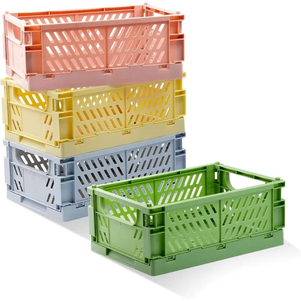 4 Pack Pastel Plastic Folding Storage Crates Colorful Small Containers Desktop Drawer Organizer Decor For Bedroom Office Classroom Bathroom 9.8x6.5x3.8inch