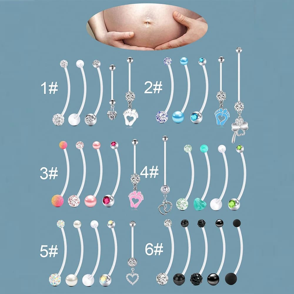 5pcs 14G Pregnancy Belly Button Ring Mix Style Flexible Clear Acrylic Pregnancy Navel Piercing Retainer Maternity 25-38mm