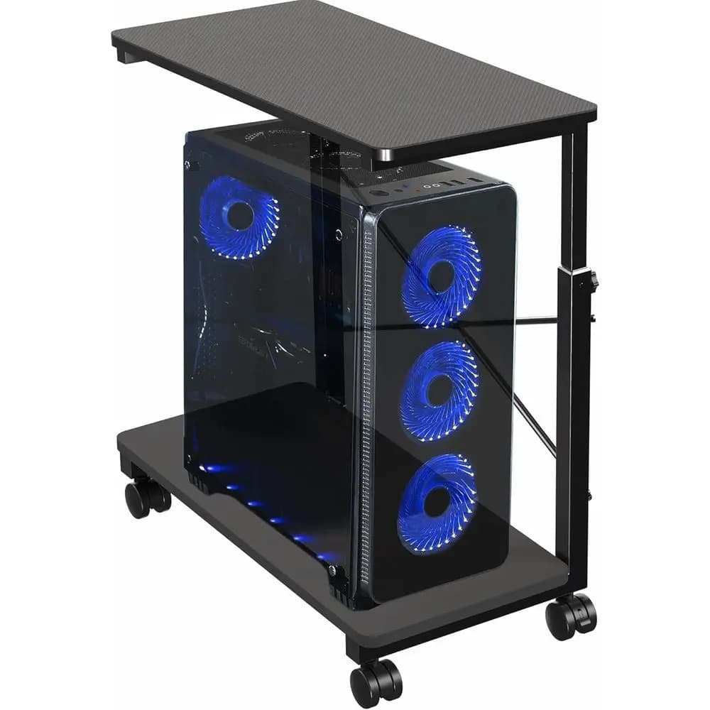 Supporto PC Regolabile a 2 Livelli per Gaming, CPU e Mouse, Carrello da Pavimento con Ruote Bloccabili, Nero