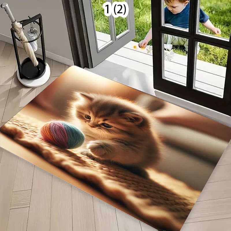 Cute Cat Door Cartoon Style Carton, Motive Cat with Blue Wool Ball, Decorative Carpet for Home, Soft and Anti-slip, for Entrance