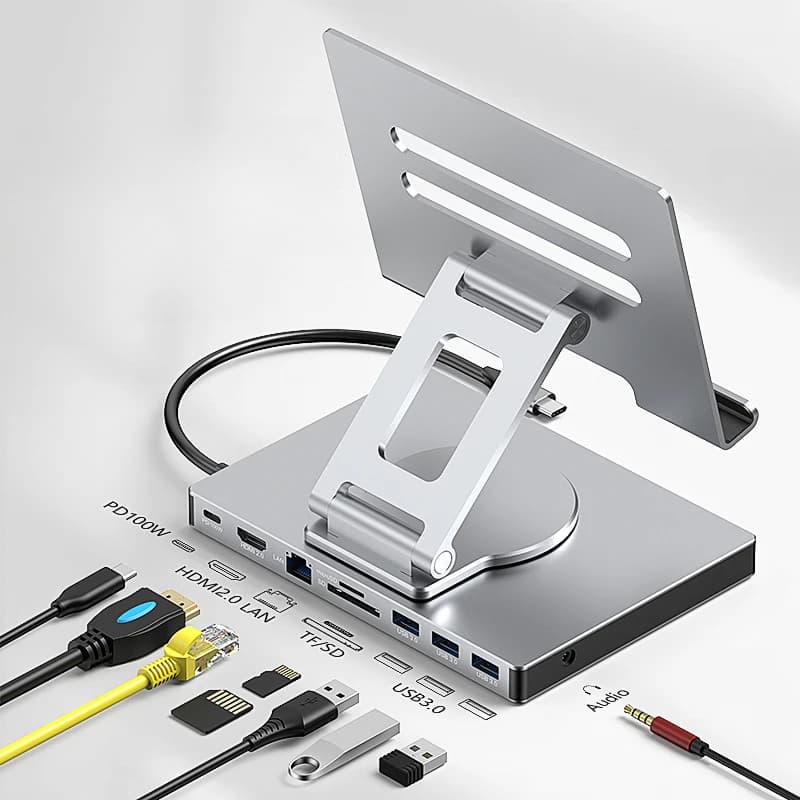 Supporto hub USB C 9 in 1 per iPad Pro per M4/M2/Air 13/12.9/11", HDMI 4K, Ethernet, lettore SD/TF, 3xUSB 3.0, dock pieghevole