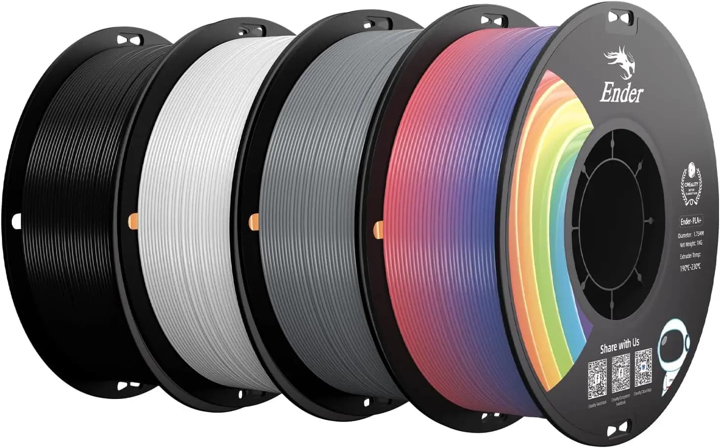 PLA+ Filament 1.75mm 4KG, 3D Printer Filament 4 Pack 1kg Cardboard Spool, Strong Toughness, Multi-Color for Most FDM Printers (Black White Grey Rainbow)