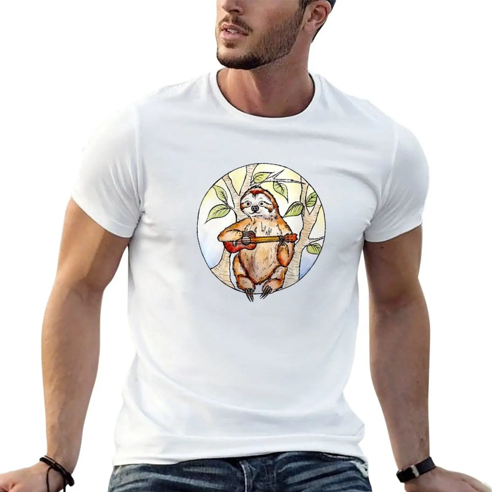 T-shirt con stampa di una scimmia che suona il ukulele, t-shirt da uomo in cotone, t-shirt divertenti da uomo in cotone, t-shirt 100% cotone.