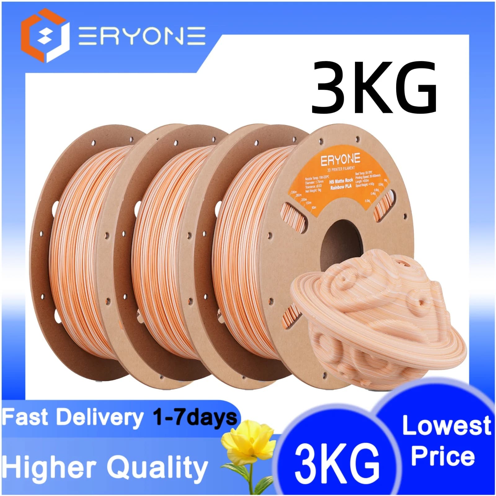PLA Filament for 3D ERYONE 3KG Printer, Opaco Rainbow Effect, High Speed Printing, PLA Rainbow 3KG Braided