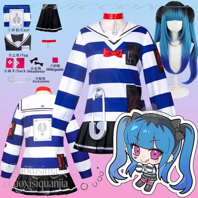 Amemiya Darumi Centinaia di costumi cosplay Jirai Kei Abito da marinaio a strisce blu parrucche bianche orecchino Natale