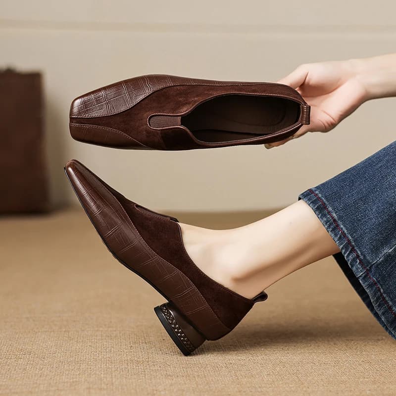 2026 new spring summer women pumps natural leather 22-25cm soft sheepskin+kid suede square toe thick heel loafers women shoes