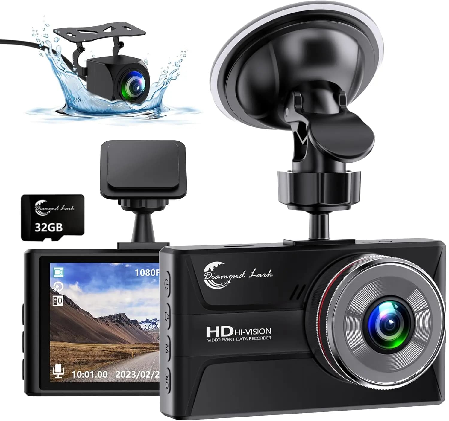 Dashcam double 1080P with 32 GB SD, 3' LCD, Type-C, HDR, G sensor, parking monitor, night vision