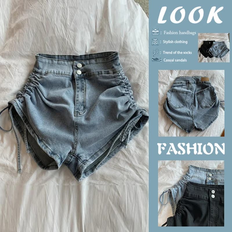 High Waist Short Jeans Women's Summer American Style Drawstring Hot Pants Trendy Fashionable Ladies' Shorts