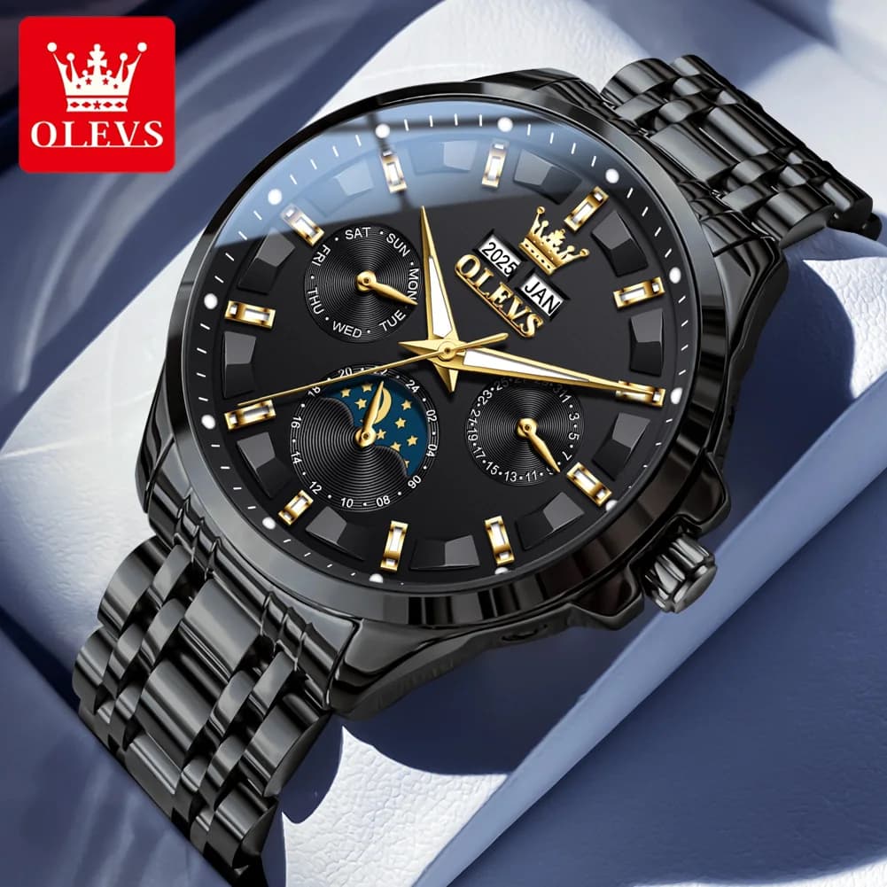 OLEVS 7070 Men's automatic watch with moon phases Waterproof men's watches Luxury stainless steel mechanical watch for men