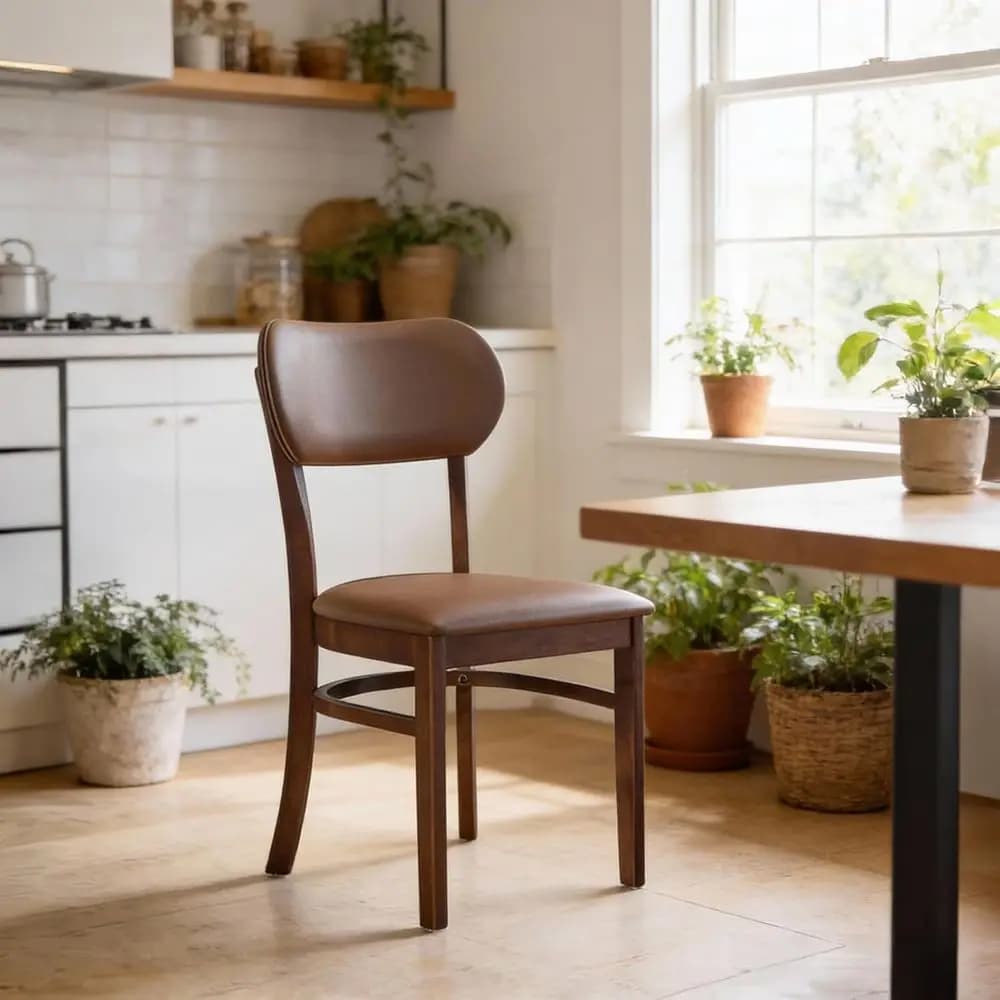 Set di 2 sedie da pranzo in massello di rovere malese, sedili imbottiti in pelle PU, schienale arrotondato, finitura noce