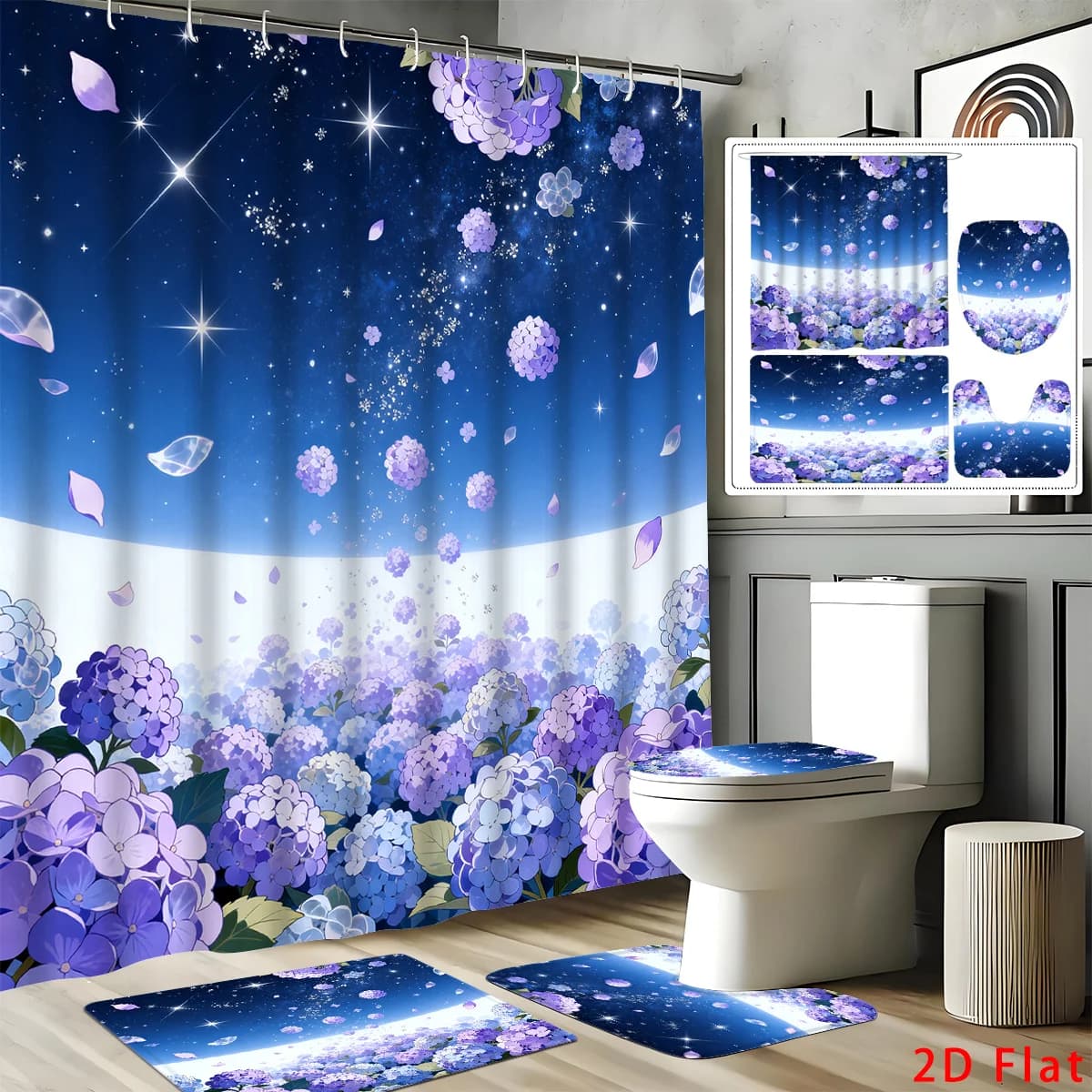 2D Flat, 4pcs Fantasy 2D Bathroom Set, Featuring High-Quality Bathroom Decorations And Additions, Including a Non-Slip, a U-Shaped, a Toilet Seat, And a Shower Curtain with 12 Hooks