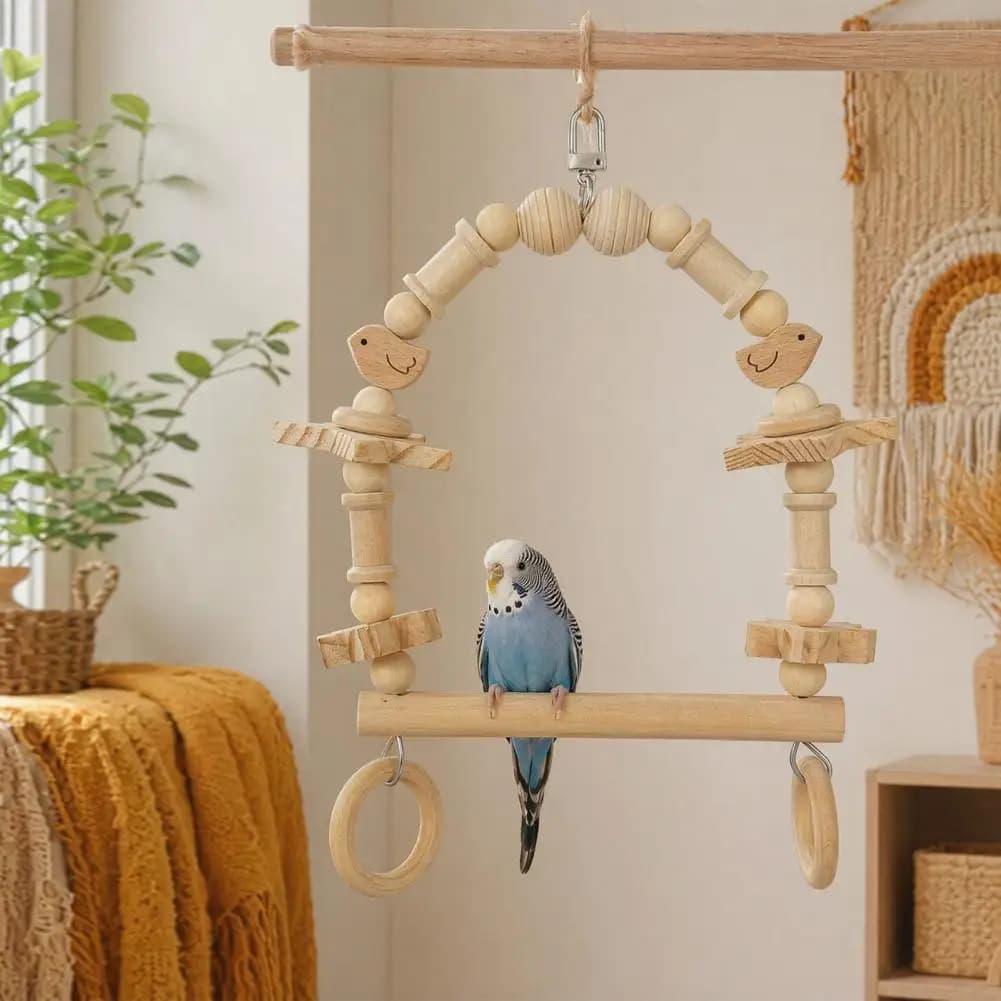 Wooden Blocks for Parrots Wooden Parrot Chew Toy Wooden Bird Swing Perch with Beaded Arch Parrot Chew Toy Blocks Cage for Budgie