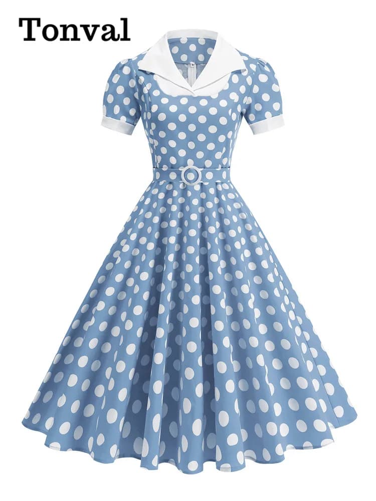 Tonval Colletto bianco a contrasto anni '50 Abiti vintage da donna Abiti midi laterali con tasche rockabilly in cotone a pois con cintura