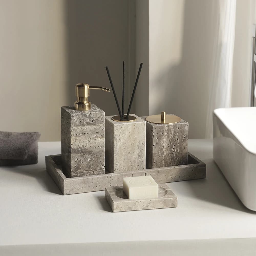 Grigio Travertino Set di accessori da bagno Portasapone in marmo vintage Dispenser di sapone Vassoio da bagno Set da bagno
