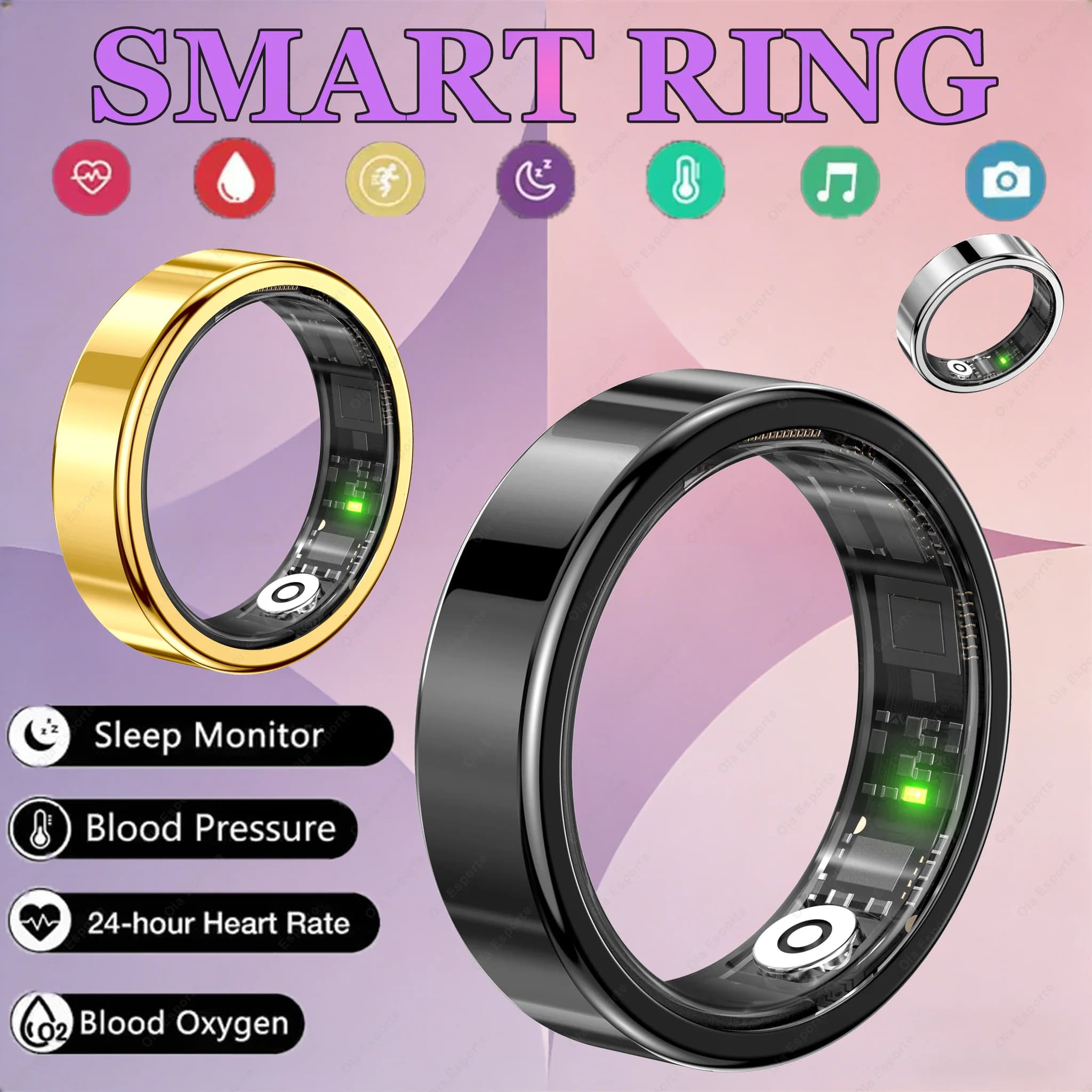 Anello Intelligente Multifunzionale Impermeabile alla Moda per Uomo e Donna, Monitoraggio Frequenza Cardiaca, Ossigeno nel Sangue, Sonno, Conteggio Passi, Smartring