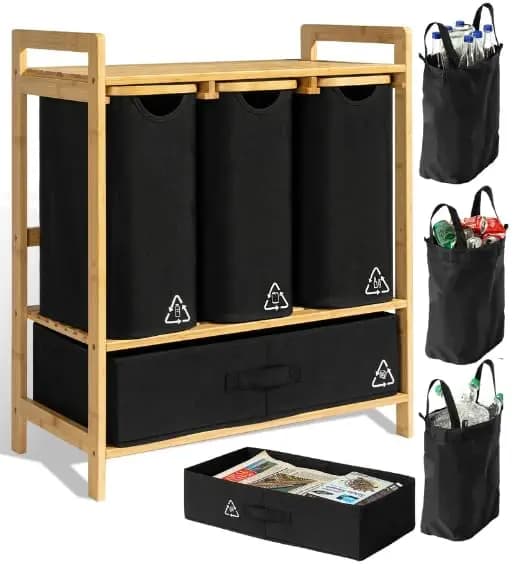 4 Section Recycling Bin for Kitchen - Dual Trash and Recycle Bins for Paper, Plastic, Cans - Indoor Bamboo Recycling Organizer