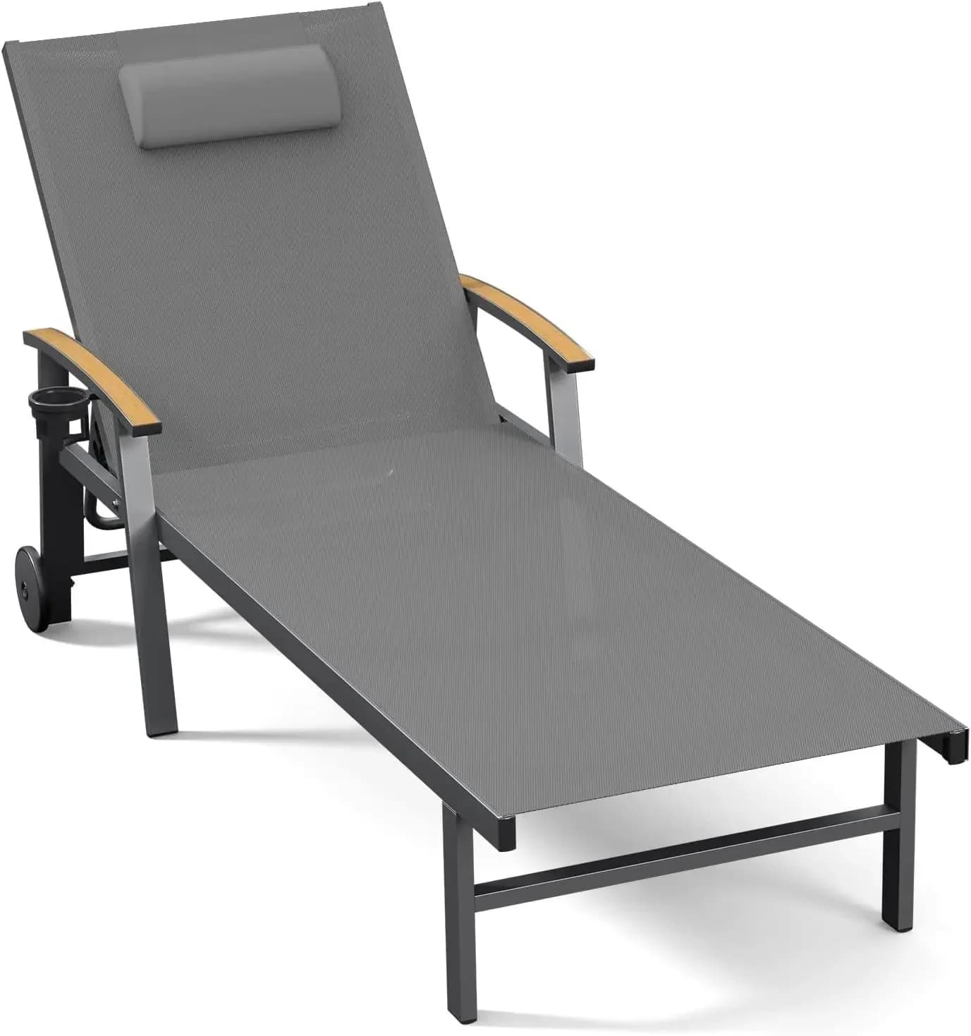 Outdoor Lounge Chair with Pillow, 5-Position Aluminum Chaise Lounge with Wheels & Armrests, 400 lbs Heavy Duty Patio Pool