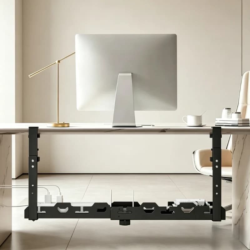 Metal under desk telescopic storage rack, cable management tray for wire storage, home office organizer no drilling required