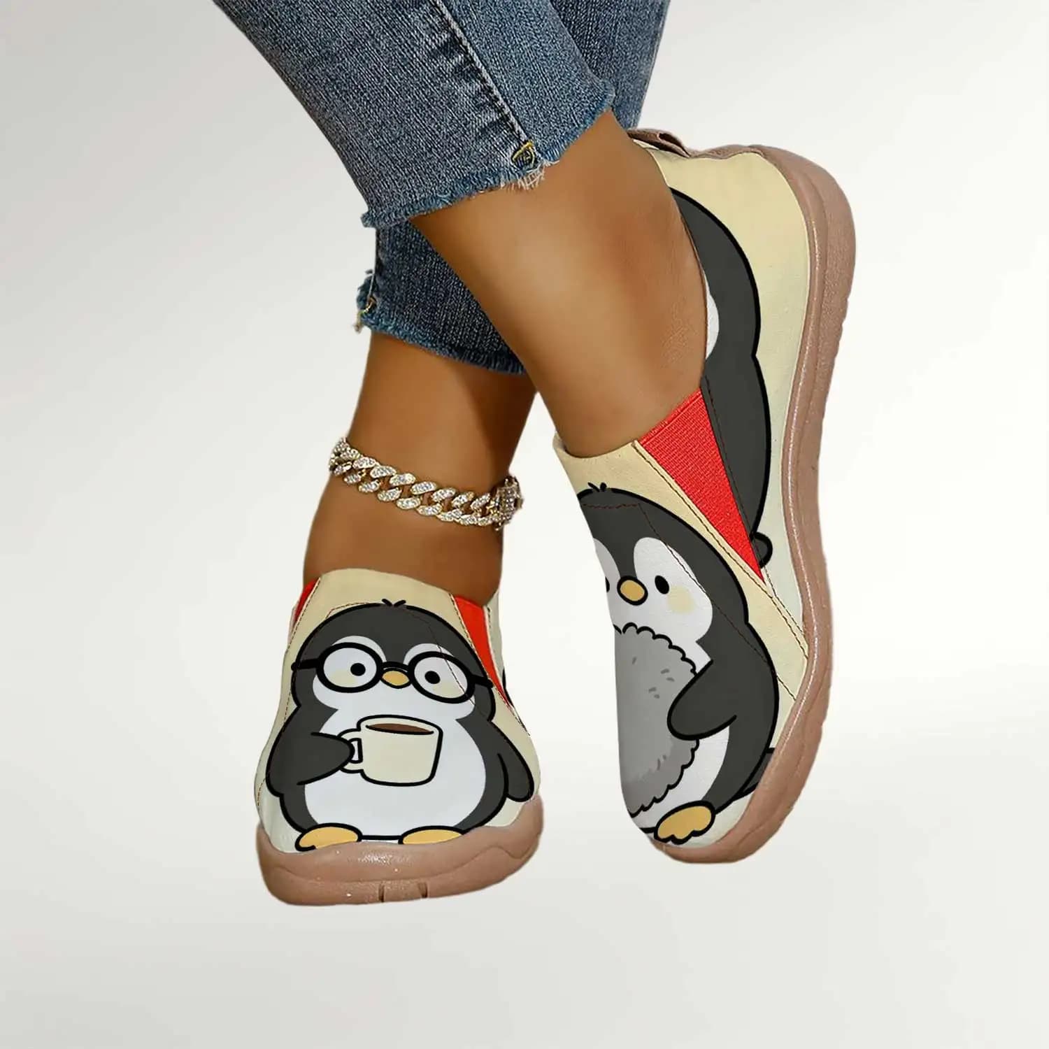 Scarpe Slip-On da Donna con Stampa di Pinguini, Punta Larga, Comode per Camminare, Mocassini Leggeri e Traspiranti in Tela