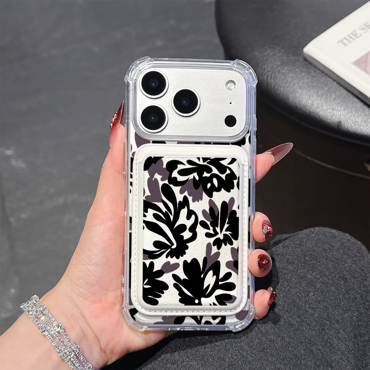 Black Abstract Floral Print Phone Case For iPhone 17 16 15 14 13 Pro Max Plus Wallet Pocket Transparent Soft for Magnetic Phone