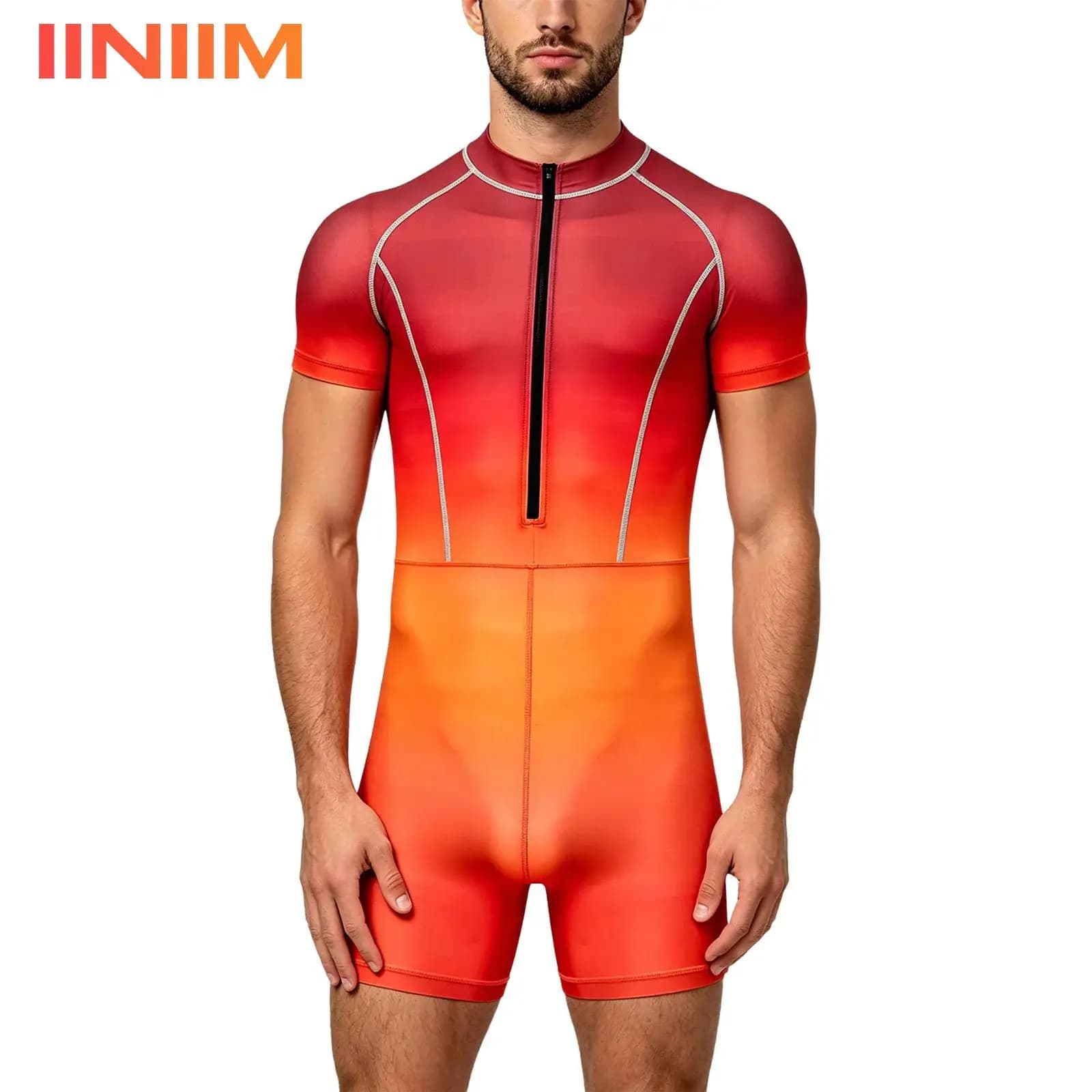 Costume da bagno intero da uomo UPF 50+ con protezione UV, tuta da surf sfumata, rash guard, muta, costume da bagno con cerniera frontale, pantaloncini a vita bassa, body