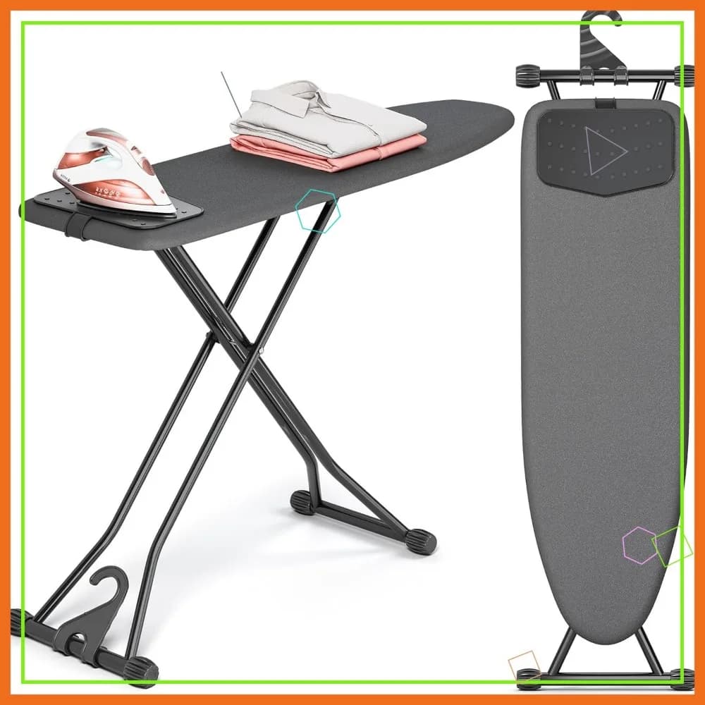 Asse da Stiro Compatta con Tappetino in Silicone, Pieghevole, Rivestimento Resistente al Calore, 7 Altezze Regolabili, 13x43 Pollici, Nera