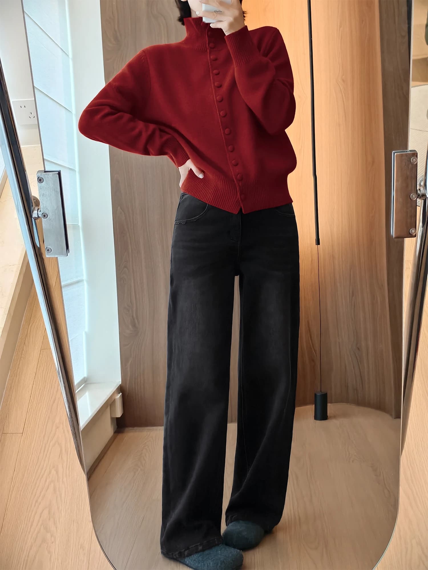 Jeans a Gamba Dritta Imbottiti da Donna, Vita Alta, Slim Fit, Pantaloni a Gamba Larga in Morbido Cotone Felpato con Motivo a Stelle, Jeans Casual Invernali