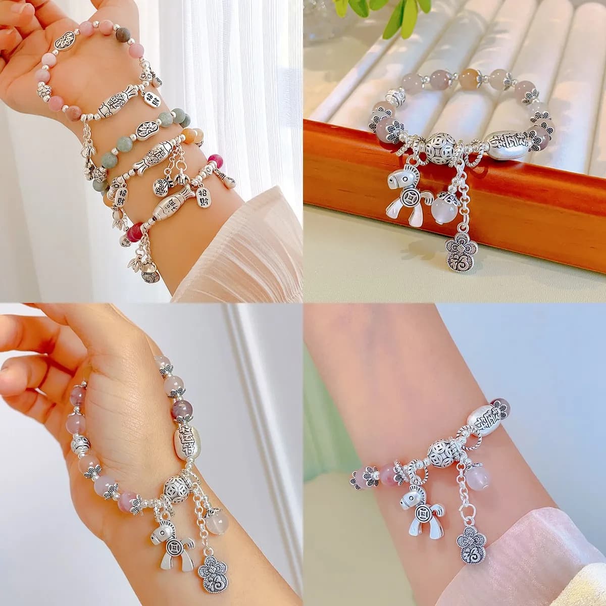 Ethnic Style Gray Agate Crystal Tassel Bracelet for Women, Vintage Tibetan Silver Longevity Lock & Mini Horse Pendant, Boho