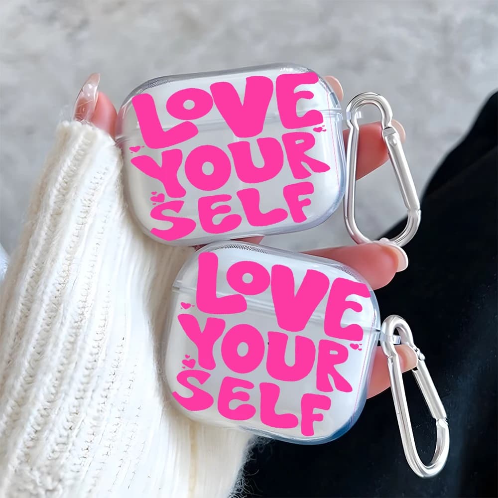 Love Yourself Pink Pattern Clear Earphone Case for AirPods 4/3/2/1 Earbuds Case For AirPods Pro 3/Pro 2/Pro TPU Protective Cover