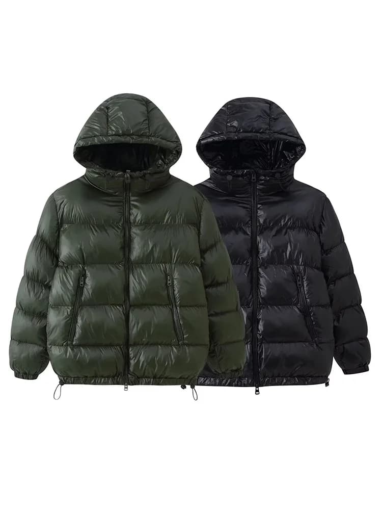 HH Woman Fashion Long Sleeves Solid Pockets Zipper Hooded Jacket Winter Female Casual Drawstring Bread Cotton-padded Jacket