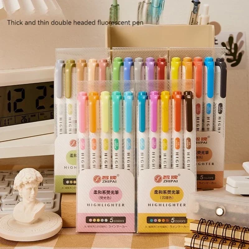5 colori/scatola Evidenziatore a doppia testa Set Pennarelli da disegno fluorescenti Evidenziatori Penne Art Cancelleria pastello carina giapponese