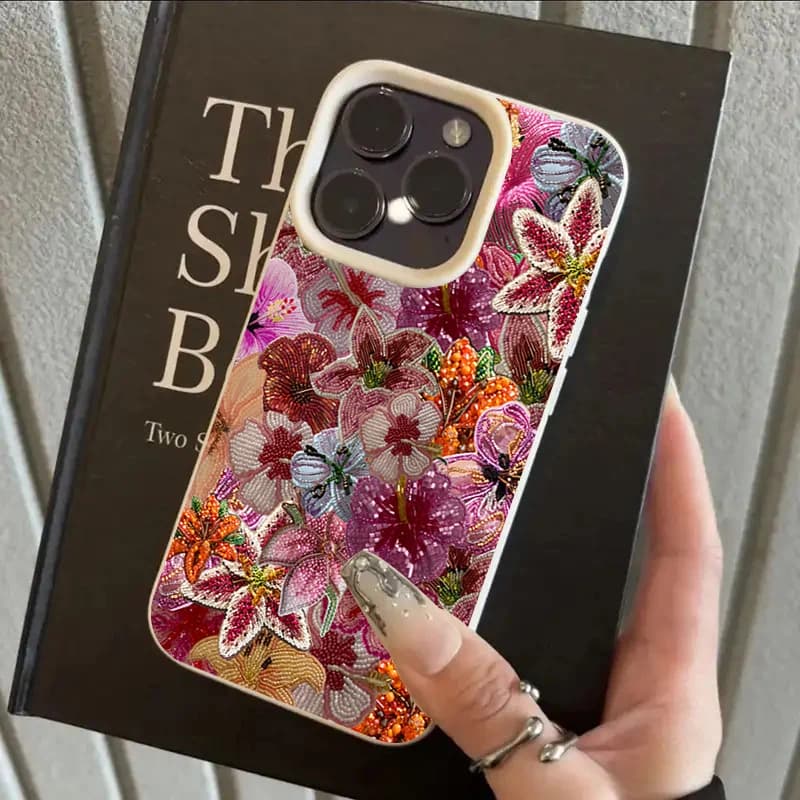 Luxurious Beaded Flower Lychee Texture Phone Case For iPhone 17 16 15 14 13 12 11 Pro Max 14 15 Plus 17 Air Silicone Soft Cover