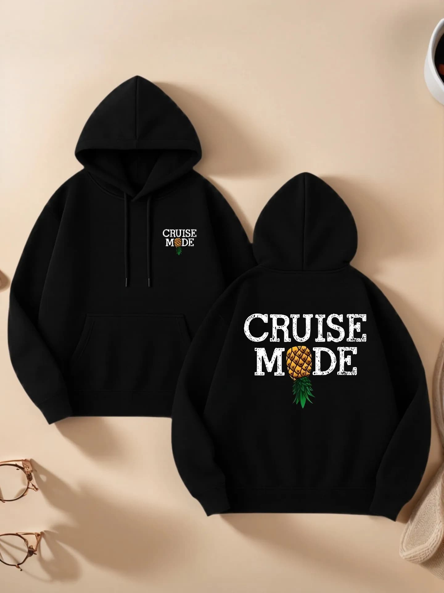 Felpa con cappuccio grafica da donna, stampa di ananas e lettere, estetica casual, misto cotone, abbigliamento casual quotidiano, per adolescenti