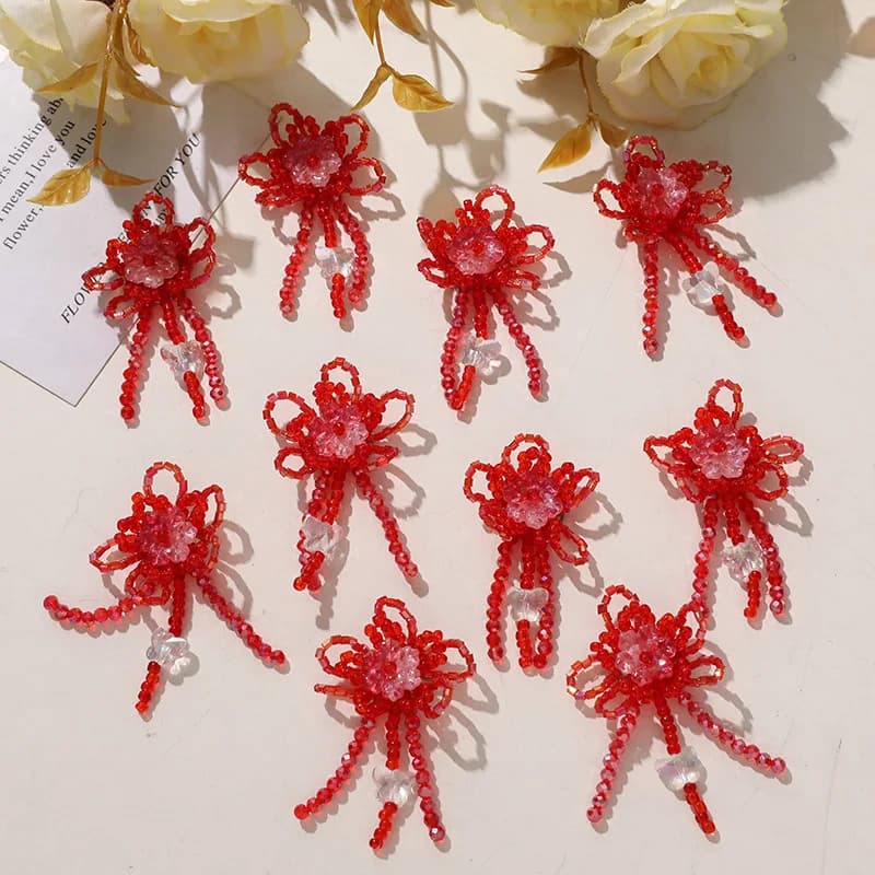 Clog Shoe Charms 1 Pc Premium Red Festive Seed Bead Flower Cluster Tassel Clear Crystal Jelly Resin Korean Princess DIY Decor