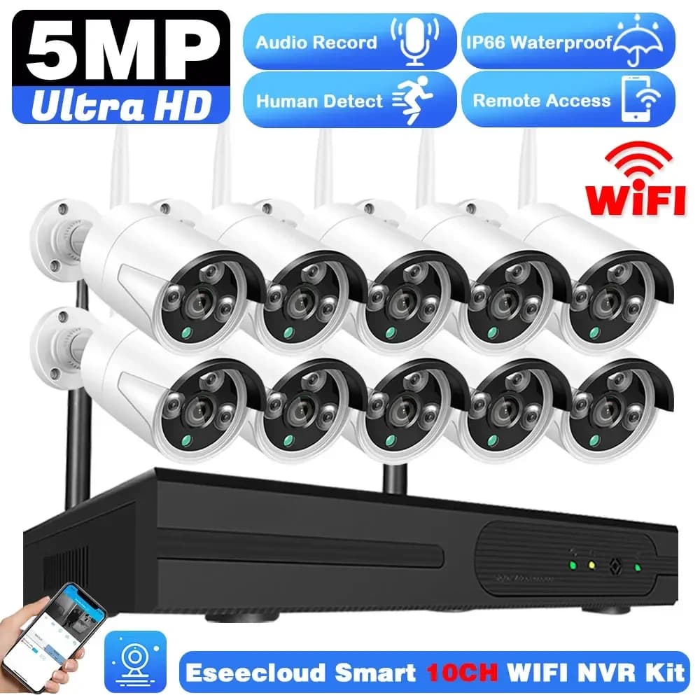 Sistema di Videosorveglianza CCTV HD 5MP con WIFI, Kit NVR Wireless 8CH H.265, Sistema di Sicurezza Domestica Intelligente per Esterni Eseecloud