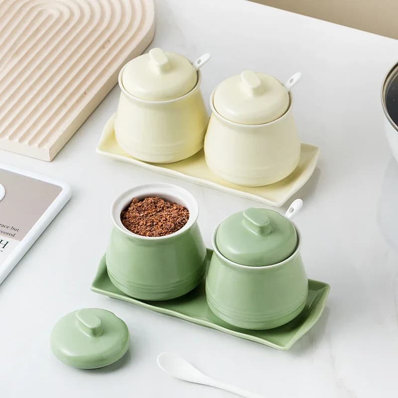 Set of 2 Porcelain Seasoning Jars with Tray,Kitchen Spice Containers,Salt,Pepper,Sugar Storage Boxes,Condiment Organizer,Ceramic