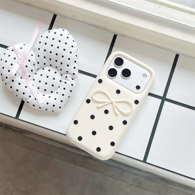 Korean 3D White Bowknot Black Polka Dots Soft Silicone Phone Case For IPhone 17 16 15 14 13 Pro Max Shockproof Protective Cover