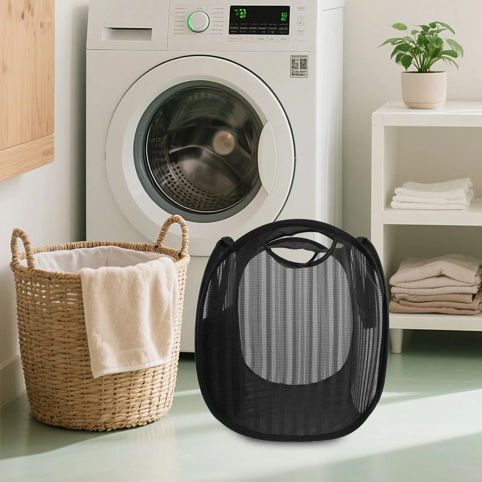 Folding Mesh Laundry Hamper Bag Portable Breathable Foldable Laundry Basket Pop Up Space Saving for Home Dorm Bathroom Organizer