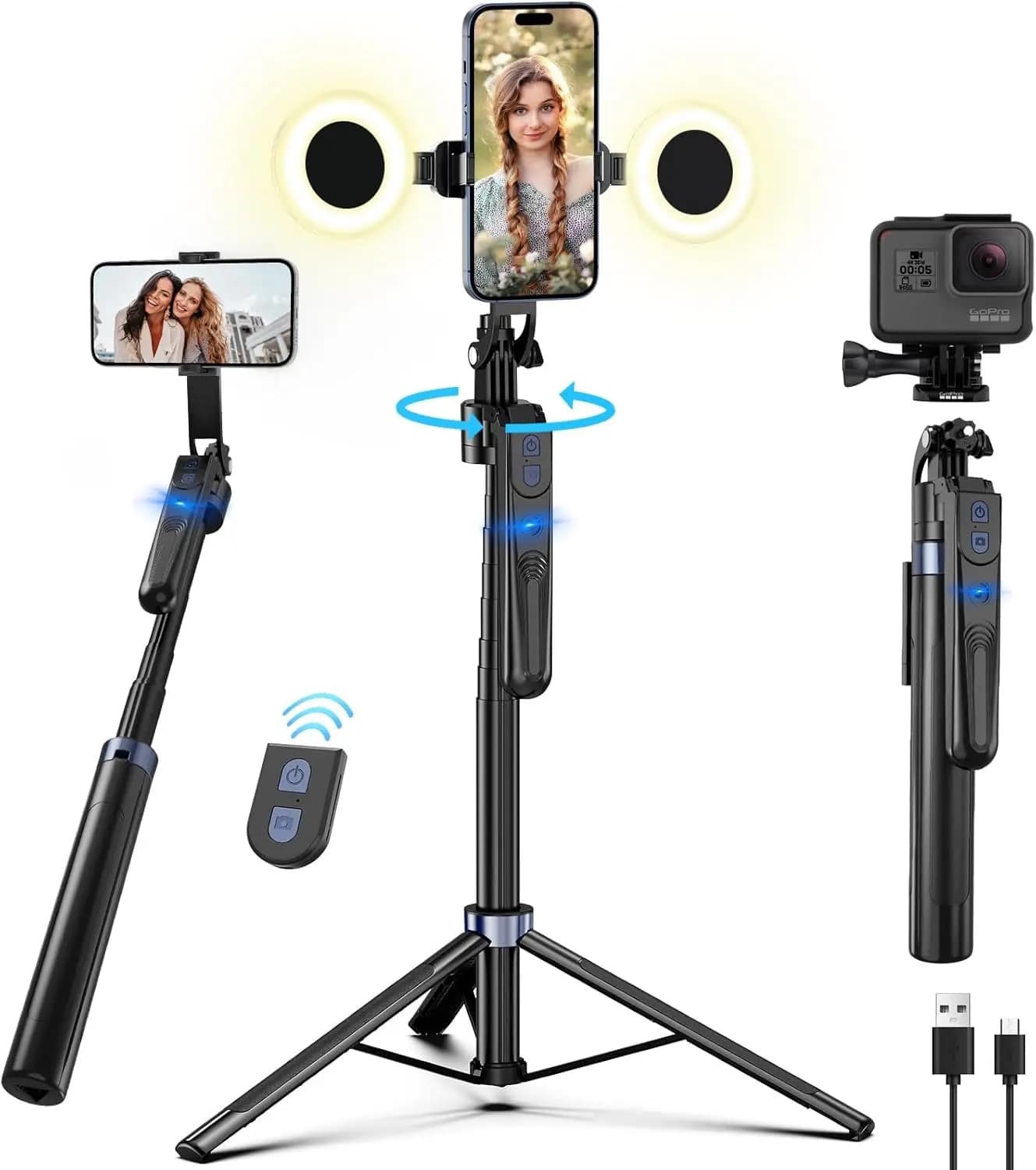 Treppiede con Tracciamento Automatico del Viso e Luce per iPhone, Supporto da 70 Pollici con Controllo Gestuale, Asta Selfie per Vlog e Streaming Live