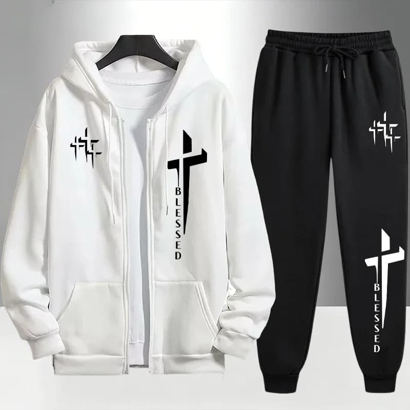 Urban Causal Fashion Hoodies Outerwear Sets Cross Blessed Print Tracksuit for Men Zipper Hooded Sweatshirt and Black Sweatpants
