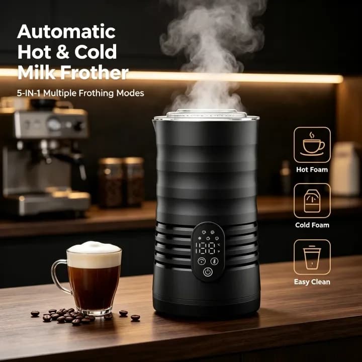 Electric Milk Frother 5-in-1 Hot Cold Foam Maker 400W Auto Milk Heater Temp Display for Home Coffee Latte Cappuccino Chocolate