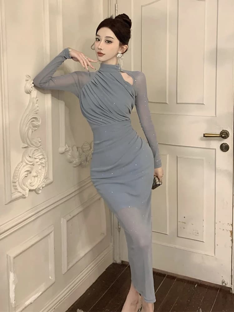 Fashion Lady Mesh Sparkly Evening Long Dress abbigliamento donna elegante Hollow Sexy manica lunga Skinny Party Prom Mujer Vestidos Robe