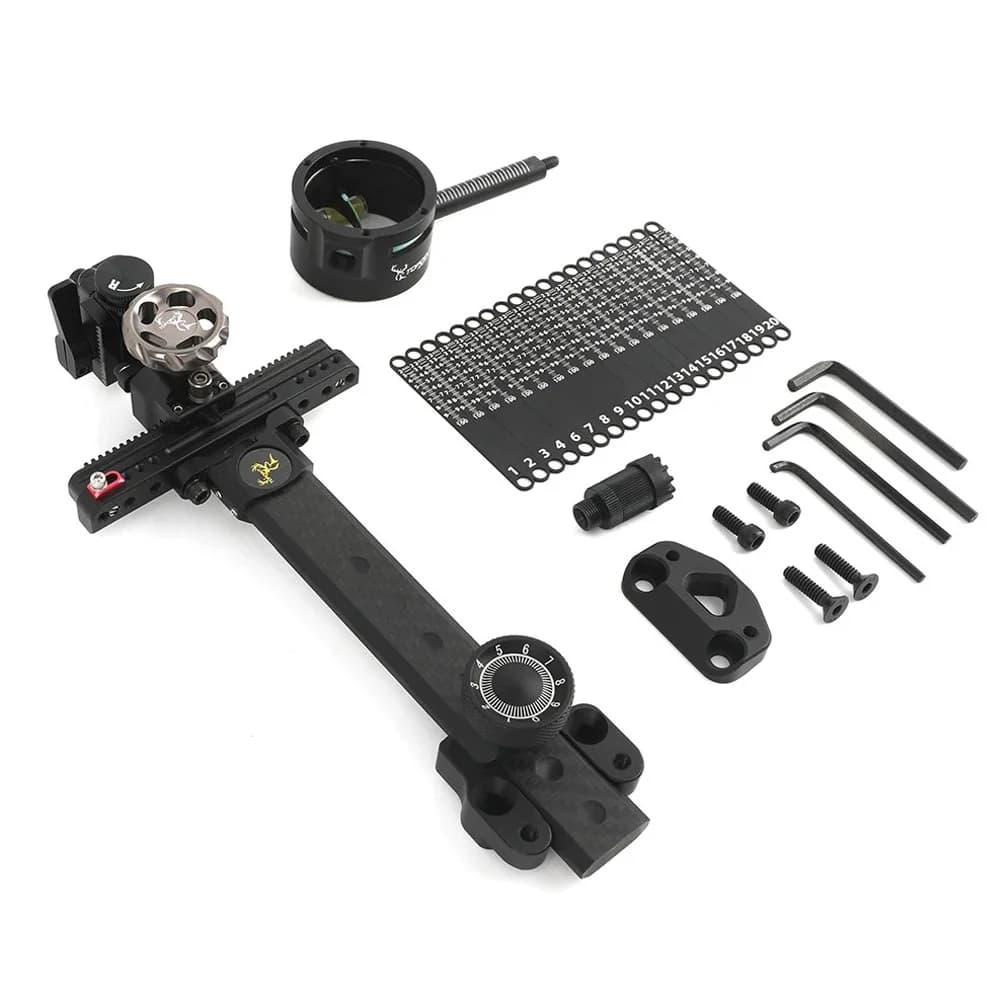 Single Pin Compound Bow Sight Carbon Fiber Extension Rod 0.019" Fiber Optic Pin Compatible with 4X 6X 8X Magnifying Lens Built-in Adjustable Aiming Light Right Hand Archery Aiming Accessory for Target Shooting and Outdoor Hunting Gear